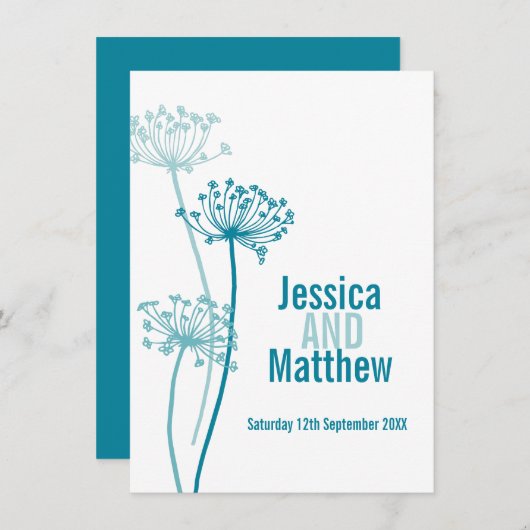 Invitation Chervil graphique moderne fleur turquoise mariage (Devant / Derrière)