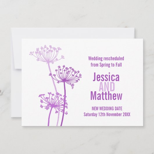 Invitation Chervil moderne fleur violet mariage reprogrammé (Devant)