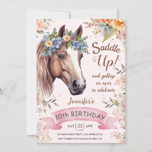 Invitation Cheval 10e Anniversaire VacheFille Florale Saddle  (Devant)
