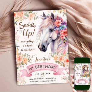 Invitation Cheval 1er Anniversaire Fille Fleurs Roses Sellez!