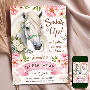 Invitation Cheval 1er Anniversaire Fille Rose Floral Saddle U
