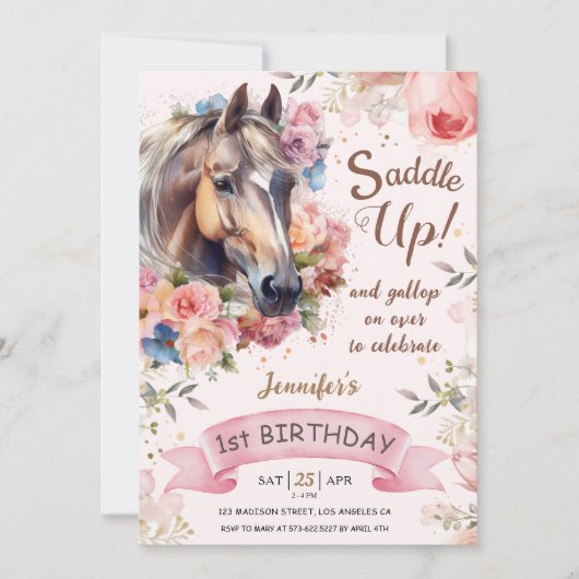 Invitation Cheval 1er Anniversaire VacheFille Rose Selle Up! (Devant)