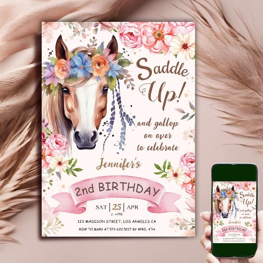 Invitation Cheval 2e anniversaire fille Fleurs Boho Saddle Up
