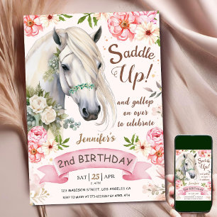 Invitation Cheval 2e Anniversaire Fille Fleurs Roses Saddle U