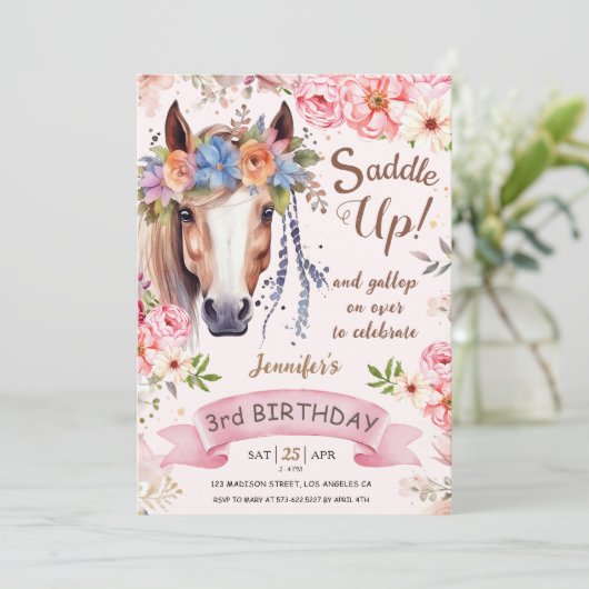 Invitation Cheval 3ème anniversaire fille Fleurs Boho Saddle  (Debout devant)