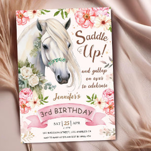 Invitation Cheval 3ème Anniversaire Fille Fleurs Roses Saddle