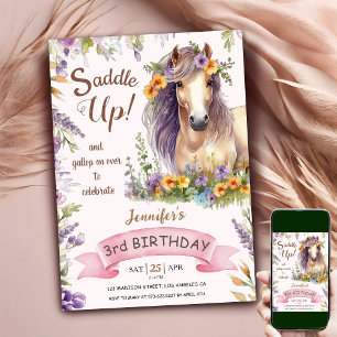 Invitation Cheval 3ème anniversaire fille violet Floral Saddu