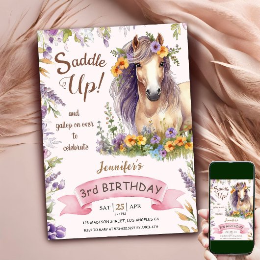Invitation Cheval 3ème anniversaire fille violet Floral Saddu