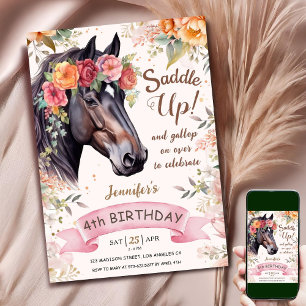 Invitation Cheval 4e anniversaire Cowgirl rose Floral Saddup