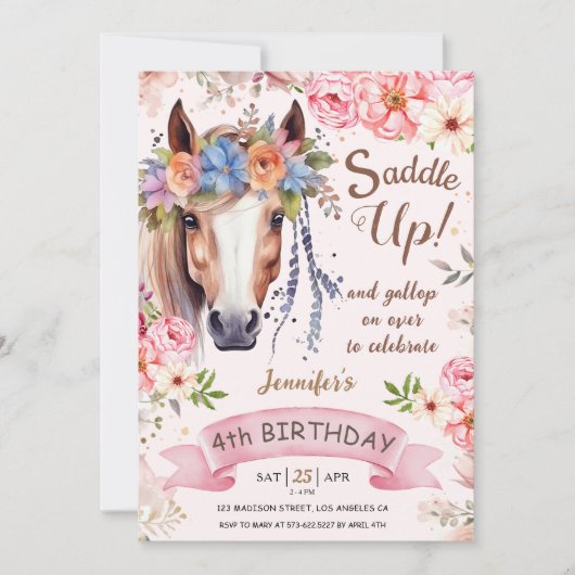 Invitation Cheval 4e anniversaire fille Fleurs Boho Saddle Up (Devant)