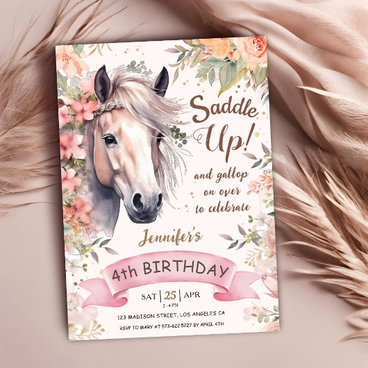 Invitation Cheval 4e anniversaire fille Wild Floral Saddup