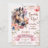 Invitation Cheval 4e anniversaire rose florale fille selle ve (Devant)