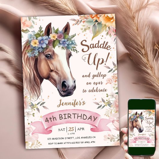 Invitation Cheval 4e anniversaire vache fille à selle fleurie