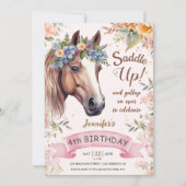 Invitation Cheval 4e anniversaire vache fille à selle fleurie (Devant)