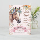 Invitation Cheval 4e anniversaire vache fille à selle fleurie (Debout devant)