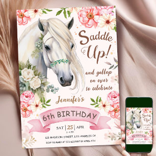 Invitation Cheval 6e anniversaire fille Fleurs roses selle ve