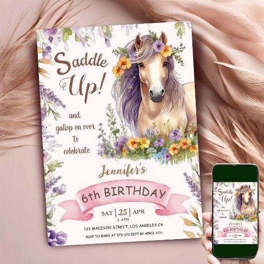 Invitation Cheval 6e Anniversaire Fille Violet Floral Saddup 