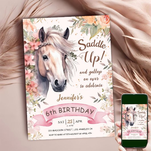 Invitation Cheval 6e anniversaire fille Wild Floral Saddup