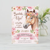 Invitation Cheval 6e anniversaire Fleurs roses roses rose sel (Debout devant)
