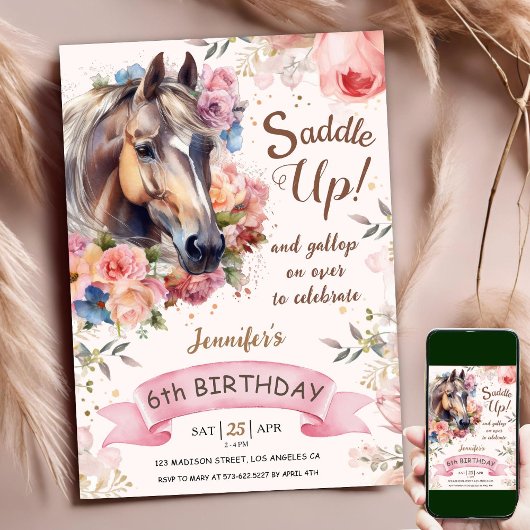Invitation Cheval 6e anniversaire rose florale fille selle ve