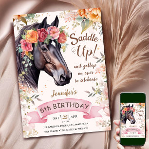 Invitation Cheval 6ème Anniversaire Cowgirl Rose Floral Saddl