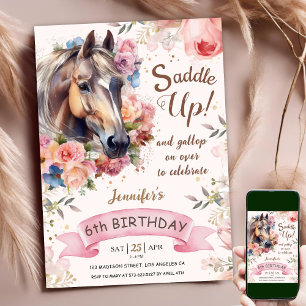 Invitation Cheval 6ème Anniversaire Rose Floral Fille Saddle