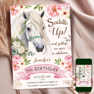 Invitation Cheval 7e anniversaire fille Fleurs roses Saddup