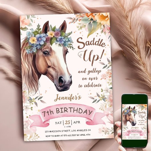 Invitation Cheval 7e Anniversaire Vache Fille Selle Florale H
