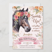 Invitation Cheval 8e anniversaire Cowgirl rose Floral Saddup (Devant)