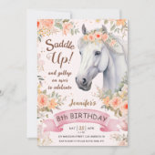 Invitation Cheval 8e anniversaire fille Fleurs roses selle ve (Devant)