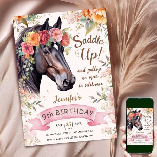 Invitation Cheval 9e Anniversaire Cowgirl Rose Floral Saddle