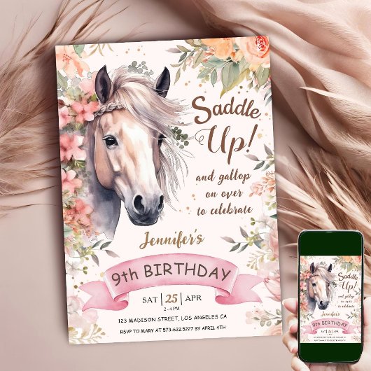 Invitation Cheval 9e anniversaire fille Wild Floral Saddup
