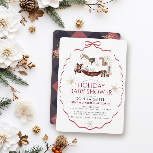 Invitation Cheval à Bascule Noël Bébé Shower Rouge