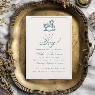 Invitation Cheval à Bascule Vintage Bleu Prépa Garçon Baby Sh