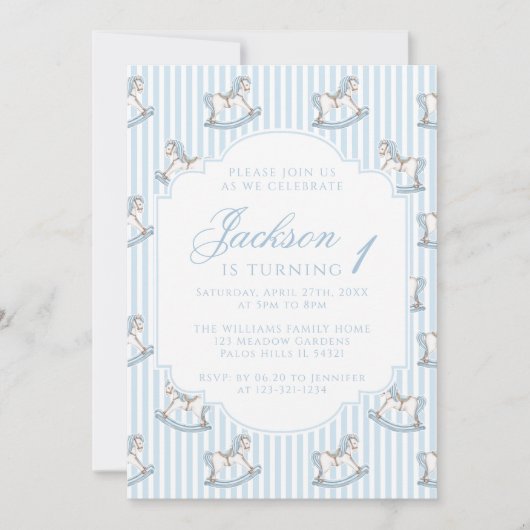 Invitation Cheval à cheval bleu clair rayé boho garçon d'anni (Devant)