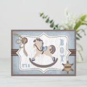 Invitation Cheval à rocher Cowboy Baby shower bleu (Debout devant)