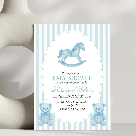 Invitation Cheval à rocher Preppy Ours Baby shower bleu