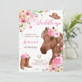 Invitation Cheval Anniversaire Fête Cowgirl rose Floral Anniv (Debout devant)