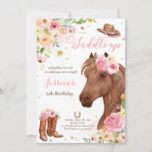 Invitation Cheval Anniversaire Fête Cowgirl rose Floral Anniv (Devant)