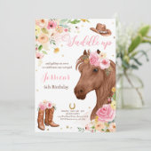 Invitation Cheval Anniversaire Fête Cowgirl rose Floral Anniv (Debout devant)