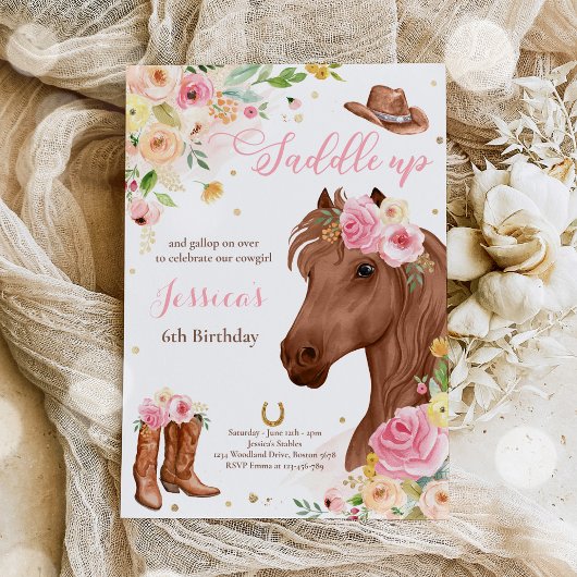 Invitation Cheval Anniversaire Fête Cowgirl rose Floral Anniv
