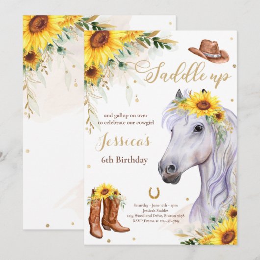 Invitation Cheval Anniversaire Fête Cowgirl Sunflower Anniver (Devant / Derrière)