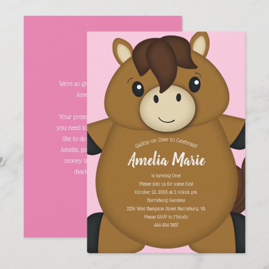 Invitation Cheval Anniversaire Pink (Devant / Derrière)
