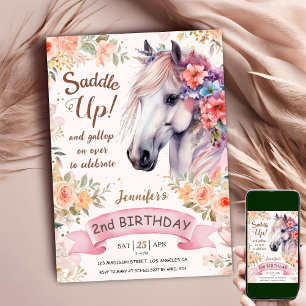 Invitation Cheval Blanc 2ème Anniversaire Fille Florale Selle