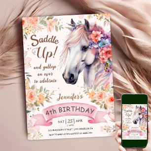 Invitation Cheval Blanc 4ème Anniversaire Fille Florale Selle