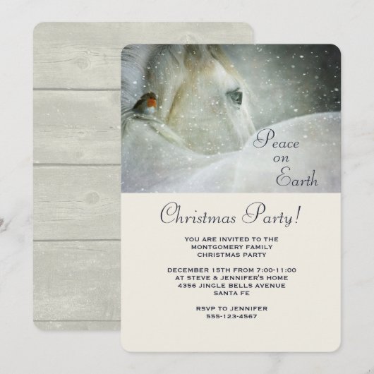 Invitation Cheval blanc et oiseau à la fête de Noël d'hiver (Devant / Derrière)