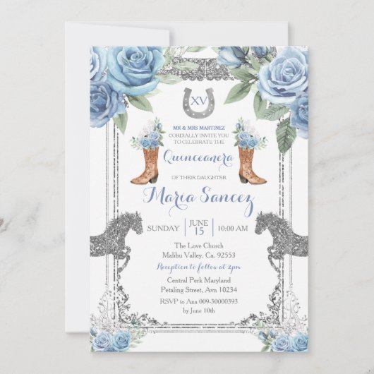 Invitation Cheval bleu Dusty Charra Mis XV Anos Anniversaire (Devant)