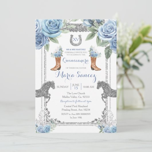 Invitation Cheval bleu Dusty Charra Mis XV Anos Anniversaire (Debout devant)