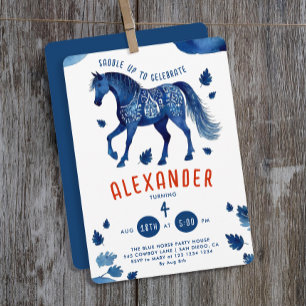 Invitation Cheval Bleu Élégant Poney Cow-boy Aquarelle Derby