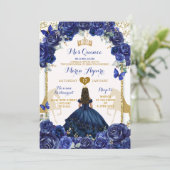 Invitation Cheval bleu Floral Or Princesse Quinceañera (Debout devant)
